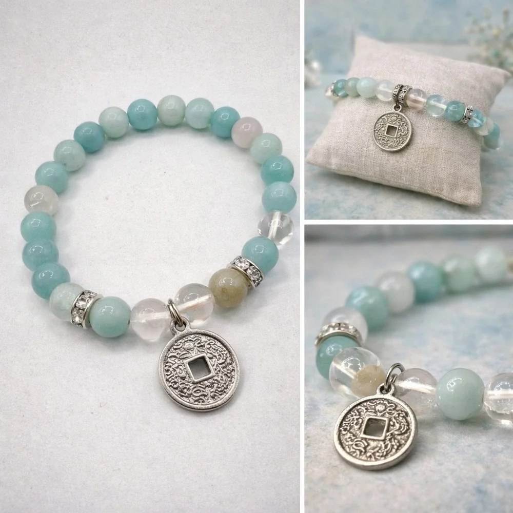Amazonite Quartz Bracelet Chinese Coin Charm Witchy Boho Apothecary‎